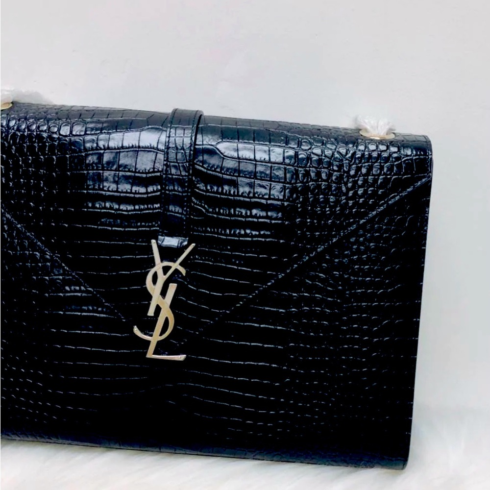 SAINT LAURENT Envelope Croc Embossed Black Leather